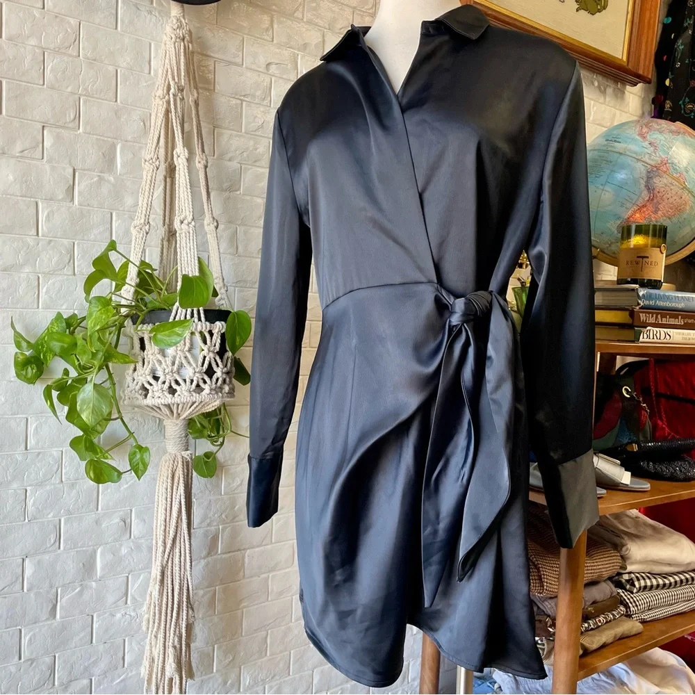 SOLD House of Harlow 1960 x Revolve Navy Satin Long Sleeve Mini Wrap Dress - Picture 4 of 14